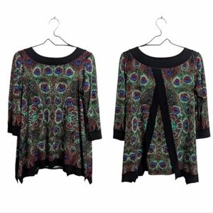 Eva Varro Women's Green Black Peacock Print Swing Tunic Blouse Split Open Back S